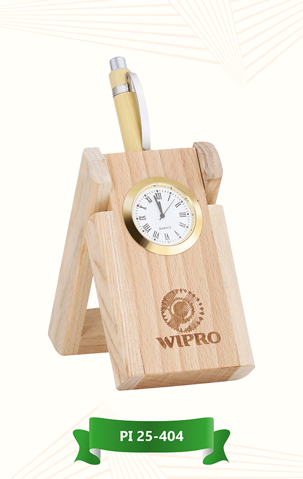 Premium Wooden Pen Stand with Clock
